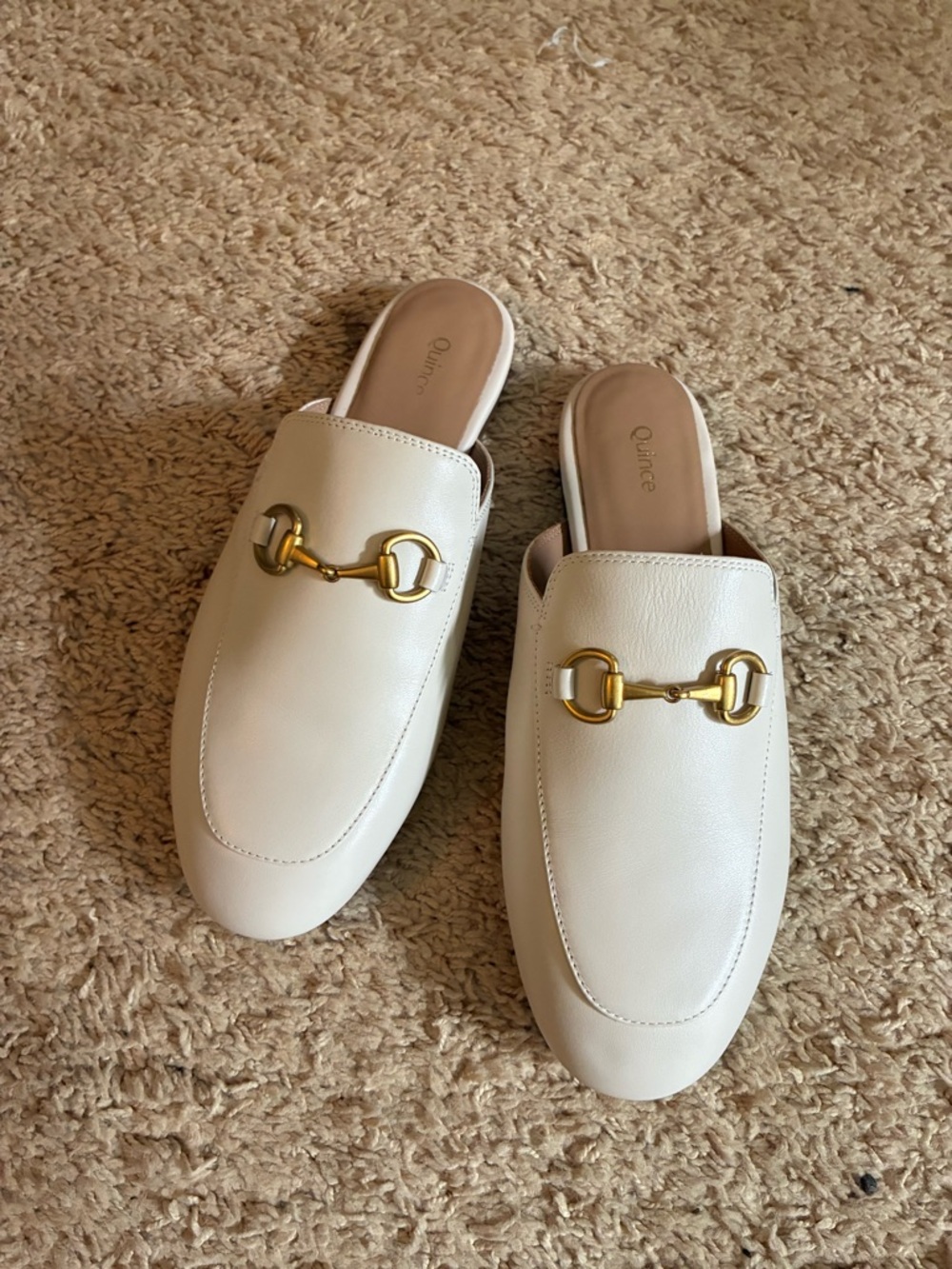 Quince Cream Leather Slip-On Mules with Gold Bit